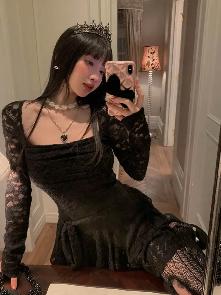 Aiertu Lace Basic Causal Women Dress Square Collar Slim Waist Tunic  All Match Dresses Y2k Aesthetic Sexy Fashion Elegant Vestidos