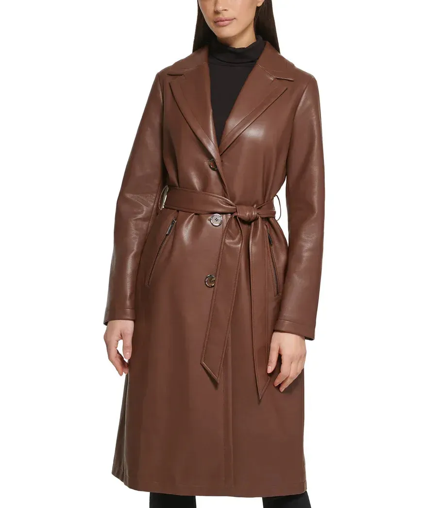 Belted Leather Trench Coat with Faux Fur Collar