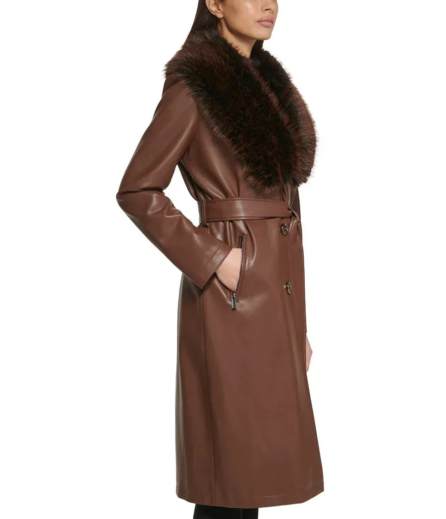 Belted Leather Trench Coat with Faux Fur Collar