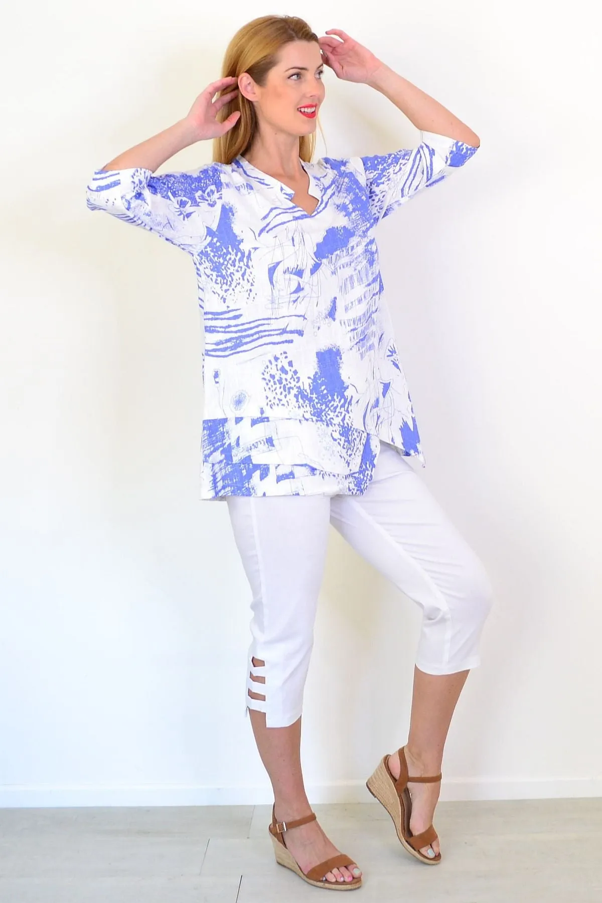 Blue Splash Linen Blend Tunic Top