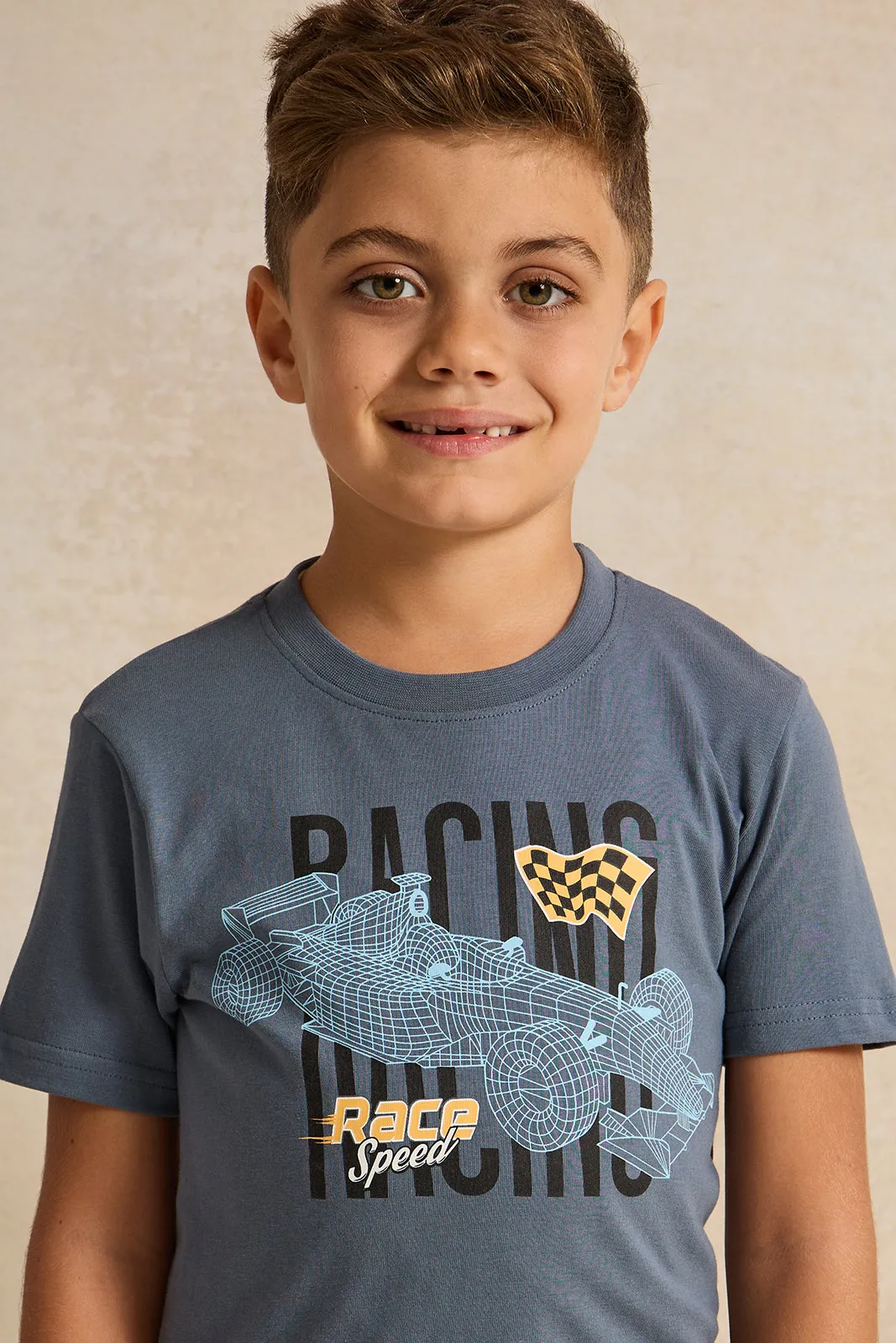 Boys Blue Racing Printed T-Shirt