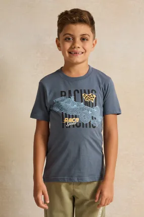 Boys Blue Racing Printed T-Shirt