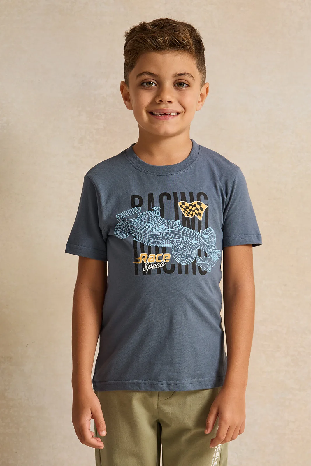 Boys Blue Racing Printed T-Shirt
