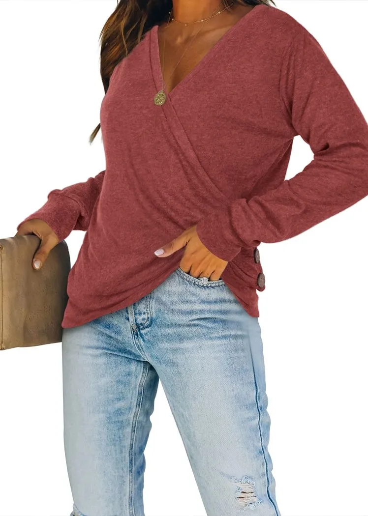 Chicvane Women V-Neck Sweaters Wrap Front Long Sleeve Lightweight Pullover Top