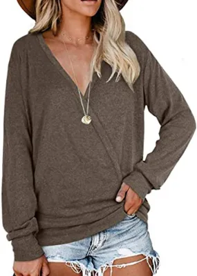 Chicvane Women V-Neck Sweaters Wrap Front Long Sleeve Lightweight Pullover Top