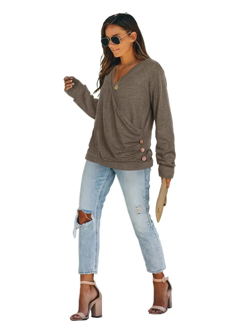 Chicvane Women V-Neck Sweaters Wrap Front Long Sleeve Lightweight Pullover Top
