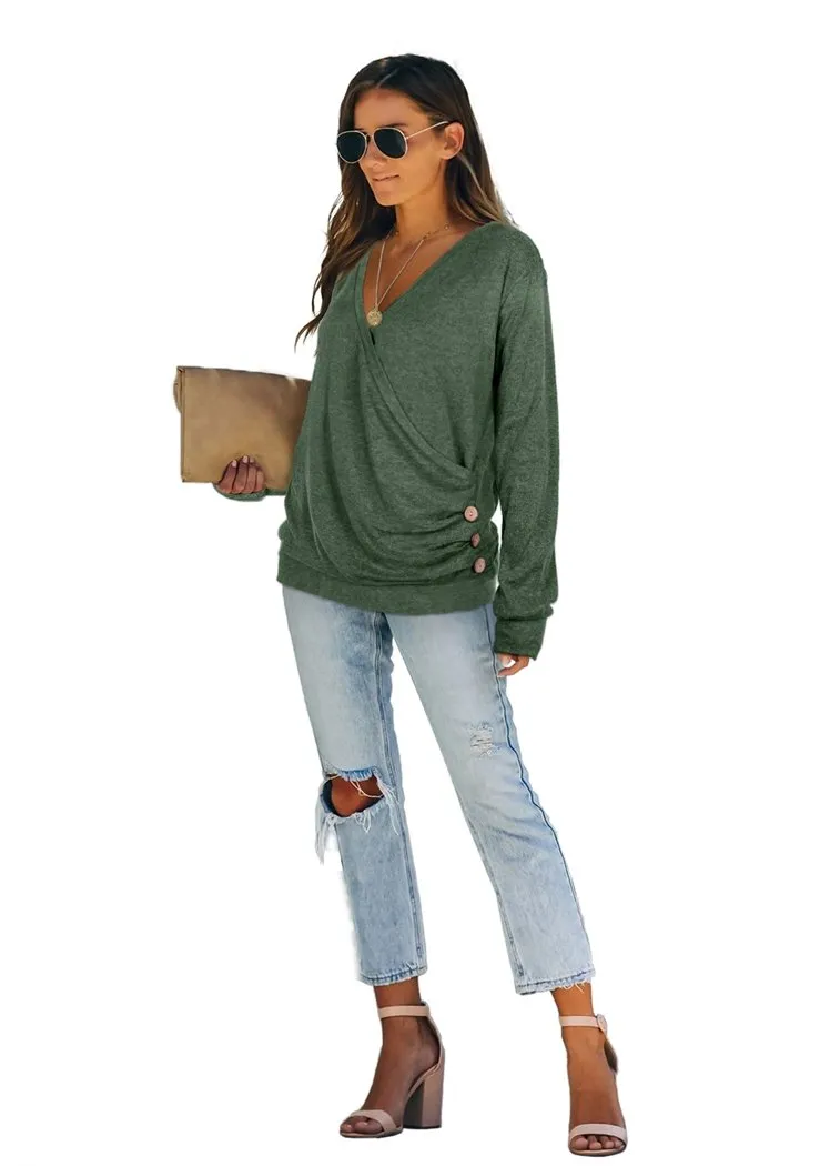 Chicvane Women V-Neck Sweaters Wrap Front Long Sleeve Lightweight Pullover Top