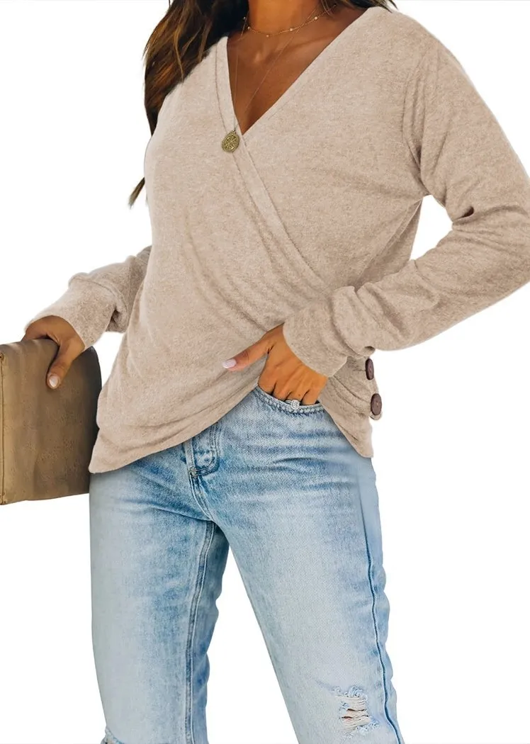 Chicvane Women V-Neck Sweaters Wrap Front Long Sleeve Lightweight Pullover Top