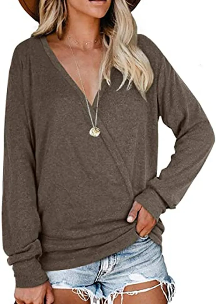 Chicvane Women V-Neck Sweaters Wrap Front Long Sleeve Lightweight Pullover Top