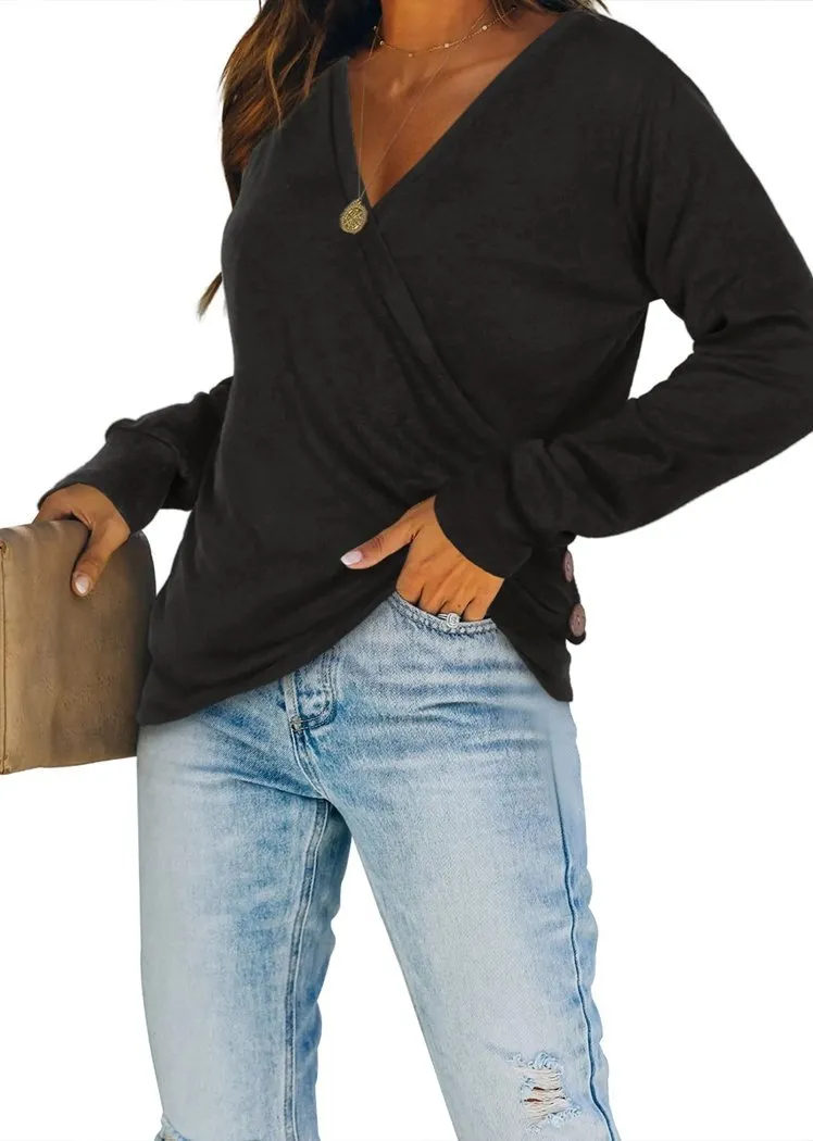 Chicvane Women V-Neck Sweaters Wrap Front Long Sleeve Lightweight Pullover Top