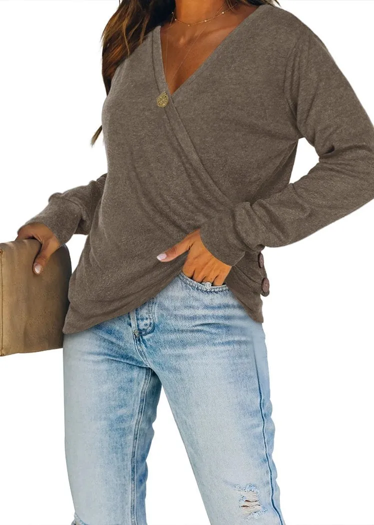 Chicvane Women V-Neck Sweaters Wrap Front Long Sleeve Lightweight Pullover Top