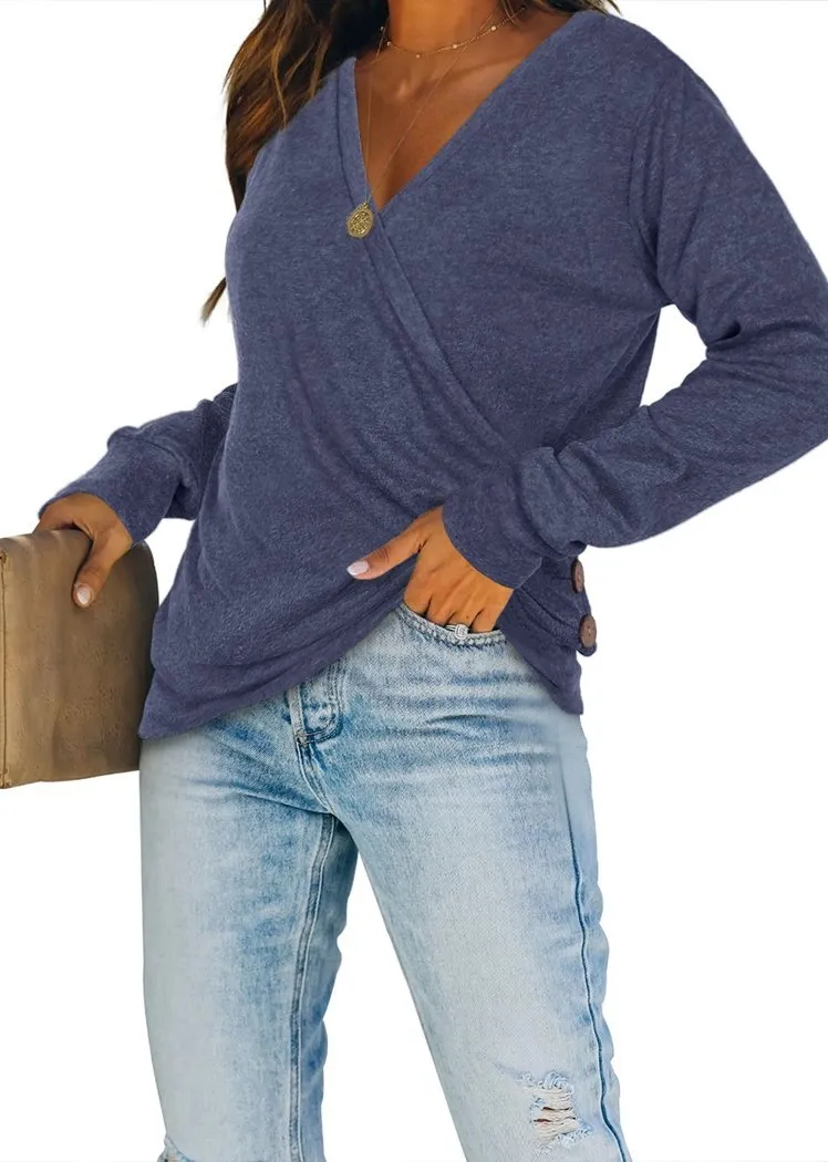 Chicvane Women V-Neck Sweaters Wrap Front Long Sleeve Lightweight Pullover Top