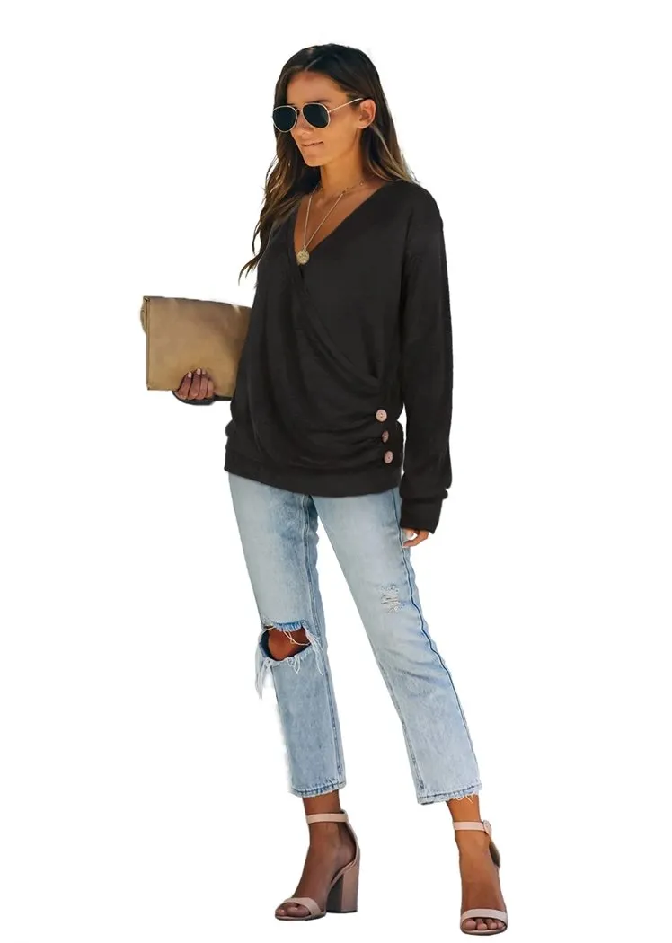 Chicvane Women V-Neck Sweaters Wrap Front Long Sleeve Lightweight Pullover Top