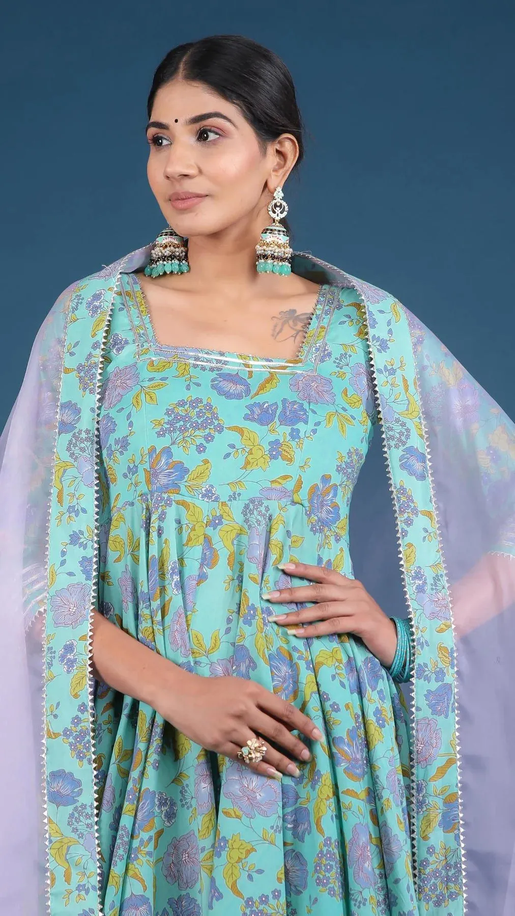 Cotton Blue Floral Print Anarkali Kurta with Cotton Silk Botton with Organza Dupatta