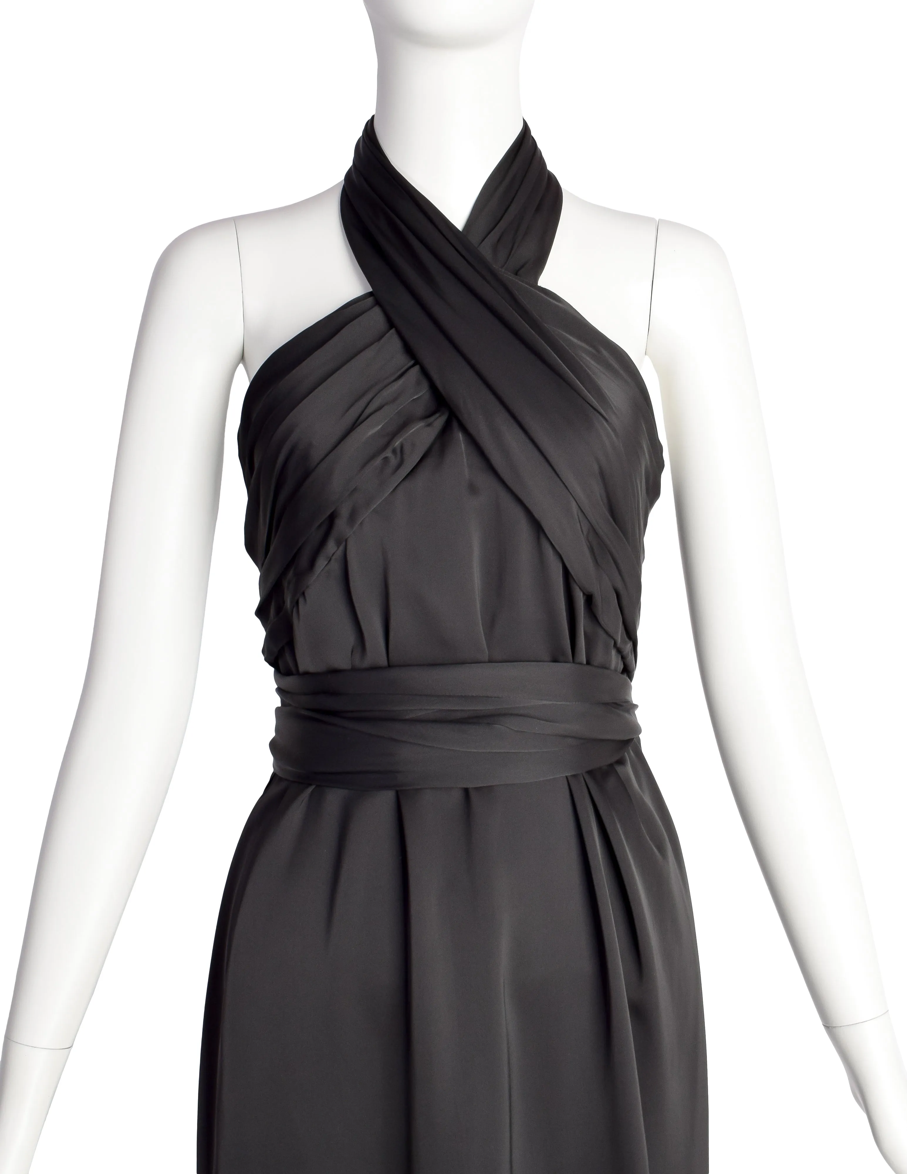 Dries van Noten Vintage Black Satin Wrap Halter Dress
