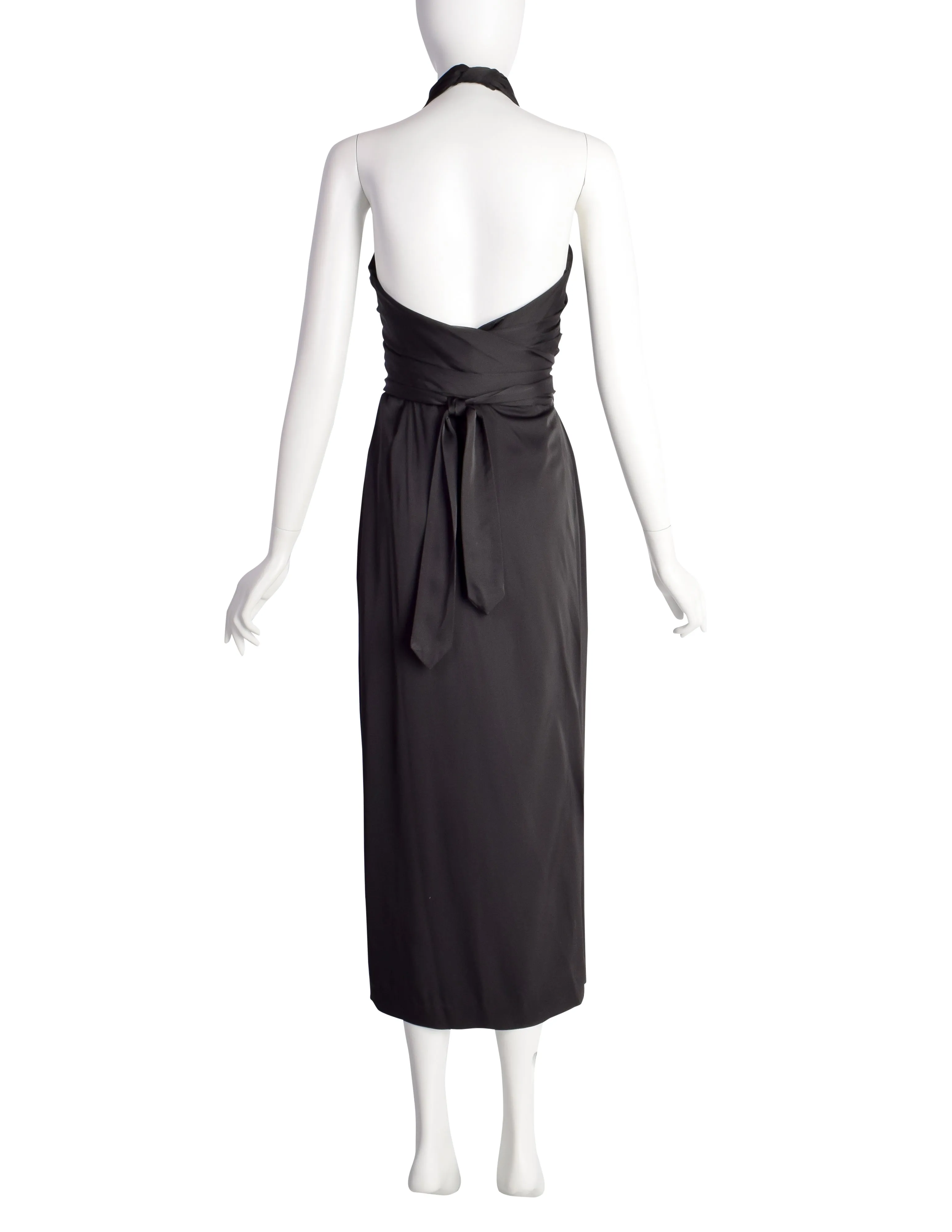 Dries van Noten Vintage Black Satin Wrap Halter Dress