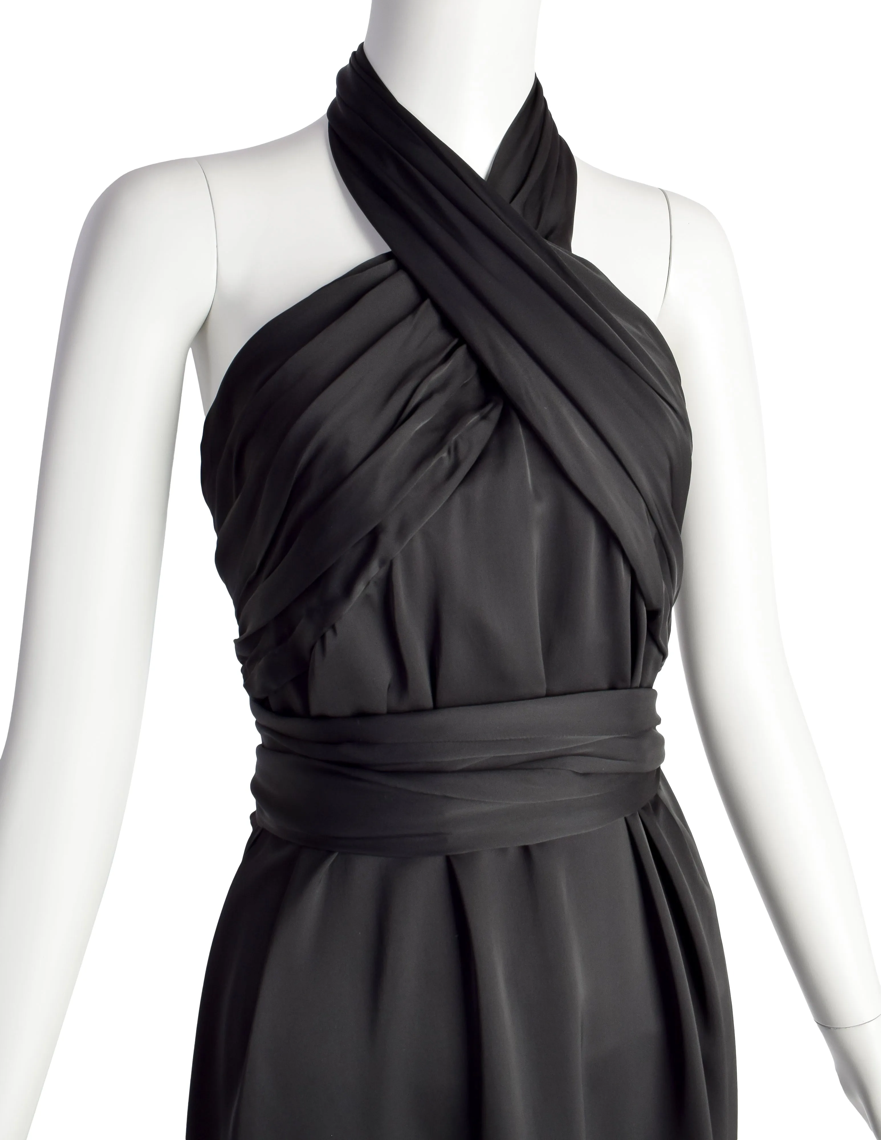 Dries van Noten Vintage Black Satin Wrap Halter Dress