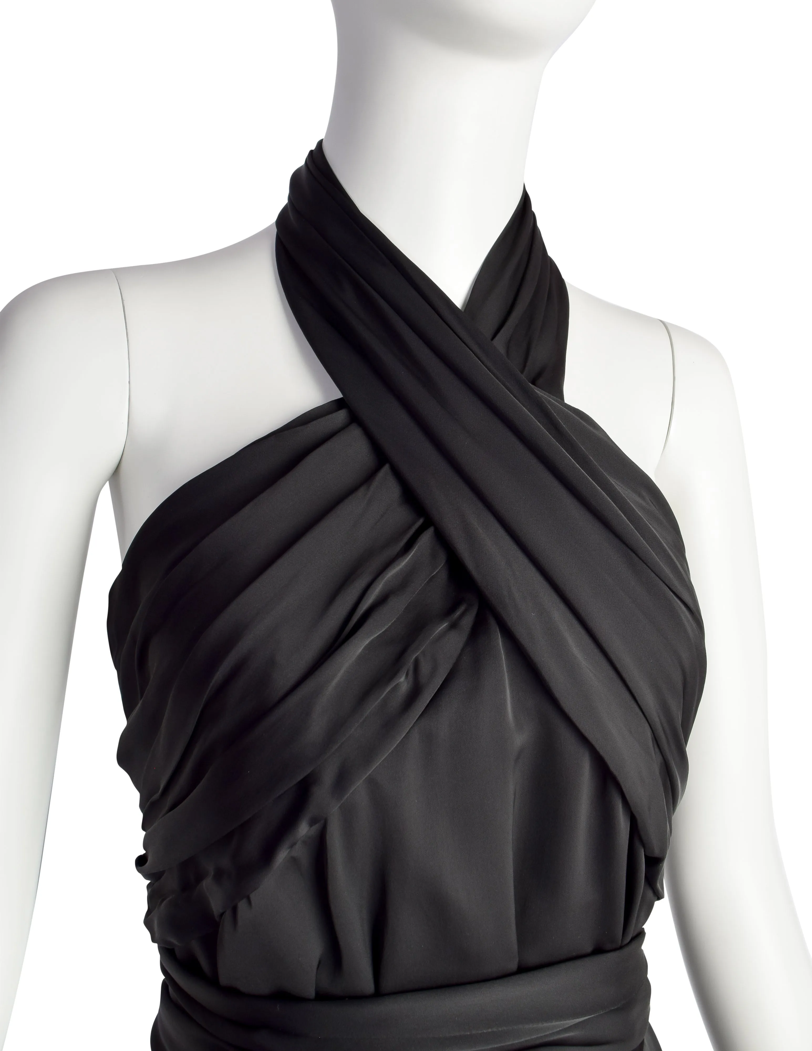 Dries van Noten Vintage Black Satin Wrap Halter Dress