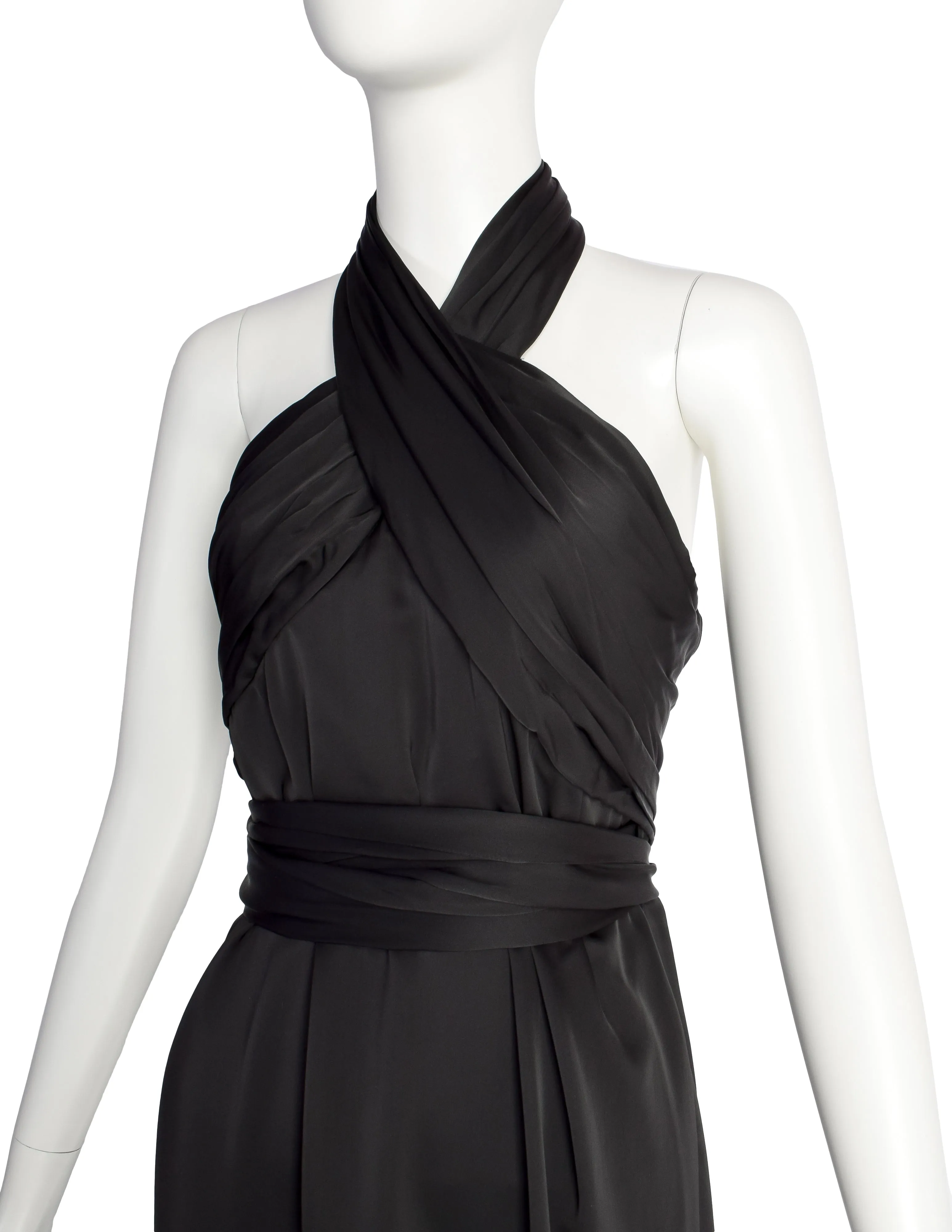 Dries van Noten Vintage Black Satin Wrap Halter Dress