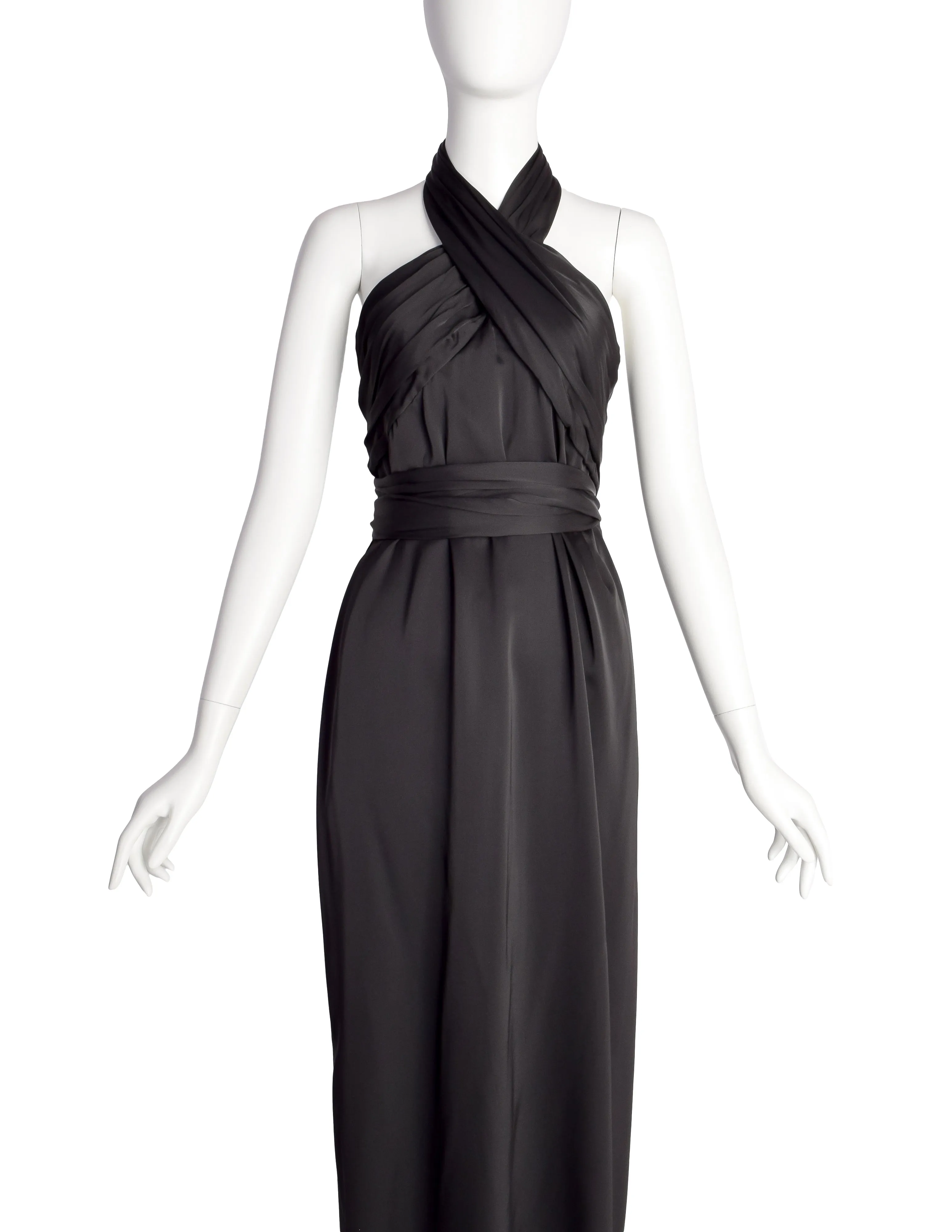 Dries van Noten Vintage Black Satin Wrap Halter Dress
