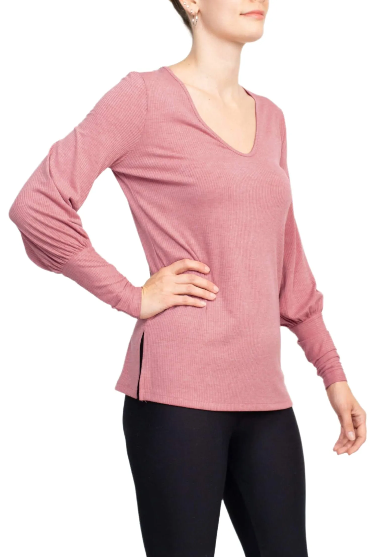 Ellen Tracy Scoop Neck Blouson Long Sleeve Solid Knit Jersey Top