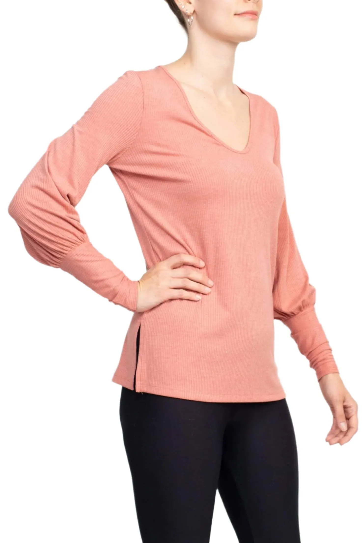 Ellen Tracy Scoop Neck Blouson Long Sleeve Solid Knit Jersey Top
