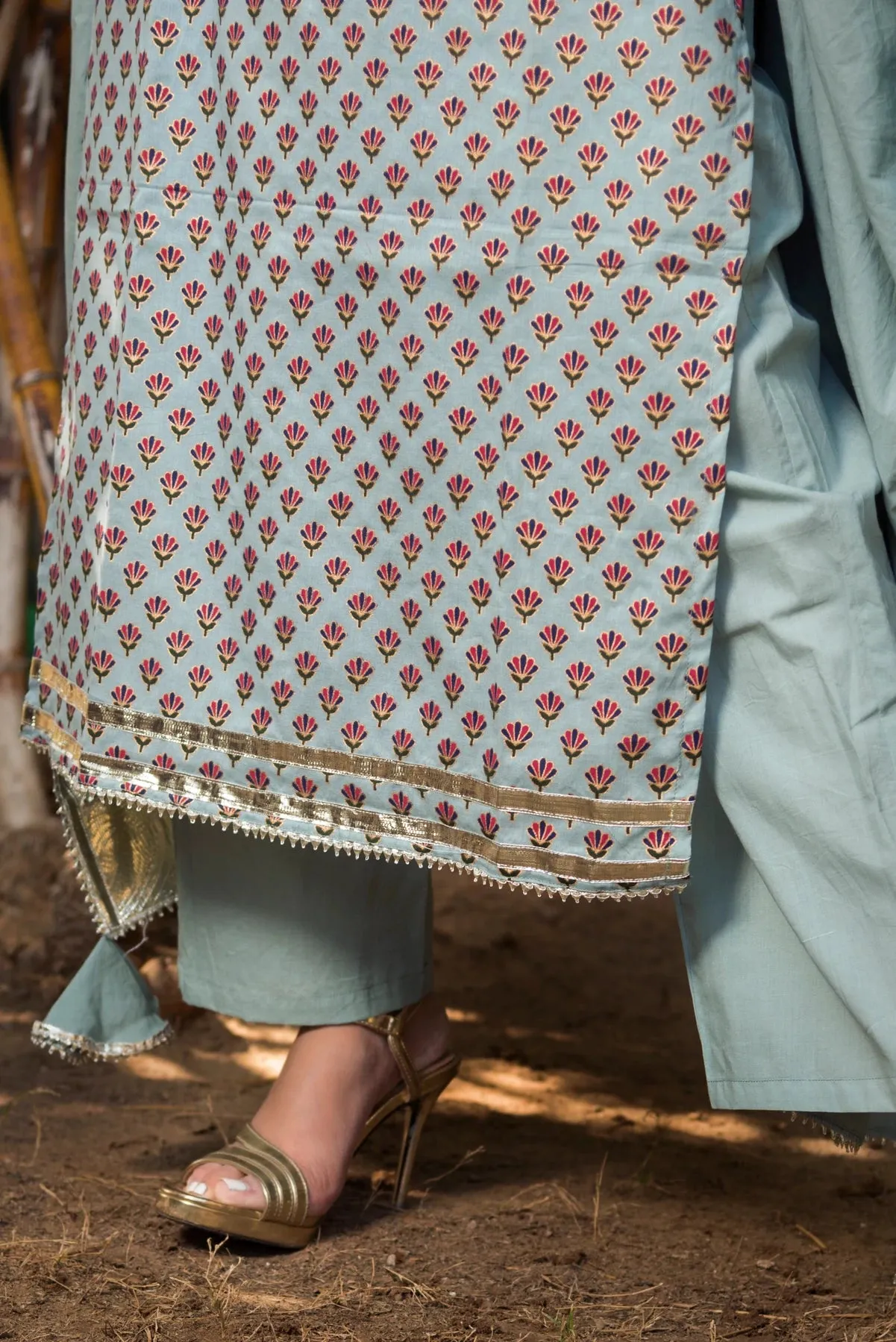 Grey Cotton Printed Suit Set with Dupatta