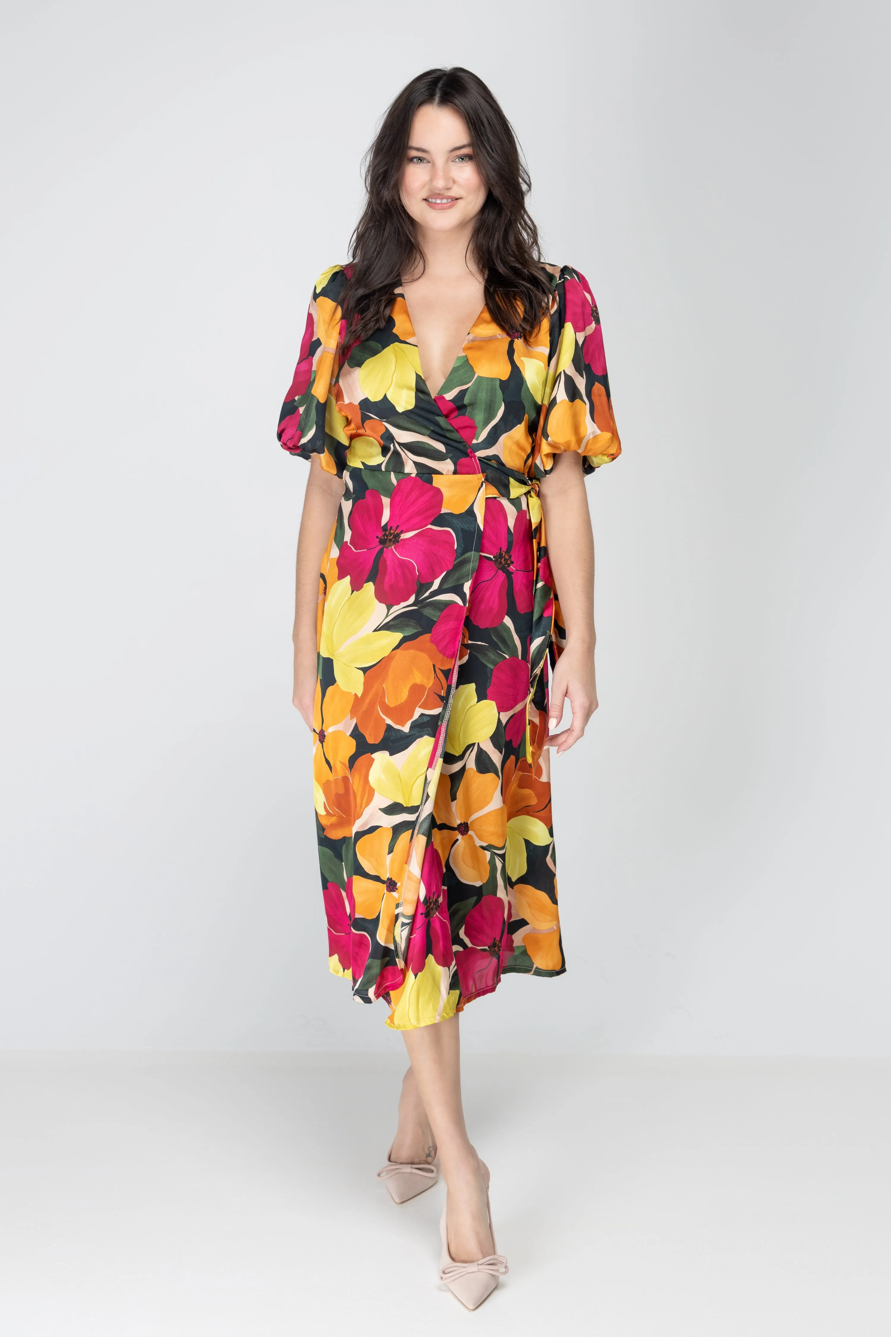 If You're Not the One Bubble Sleeve Midi Wrap Dress
