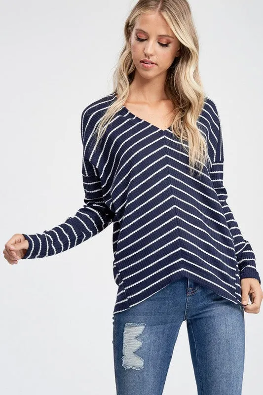 Long Sleeve Striped Asymmetrical Hem Knit Top