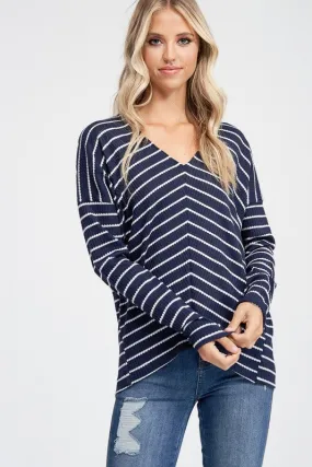 Long Sleeve Striped Asymmetrical Hem Knit Top
