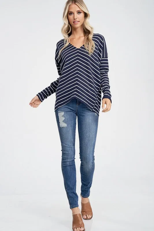 Long Sleeve Striped Asymmetrical Hem Knit Top