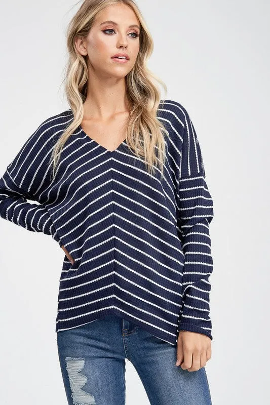 Long Sleeve Striped Asymmetrical Hem Knit Top
