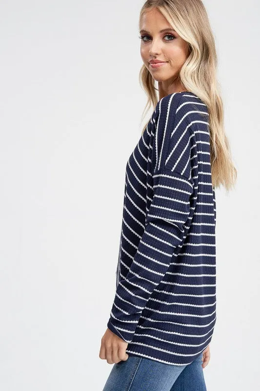 Long Sleeve Striped Asymmetrical Hem Knit Top