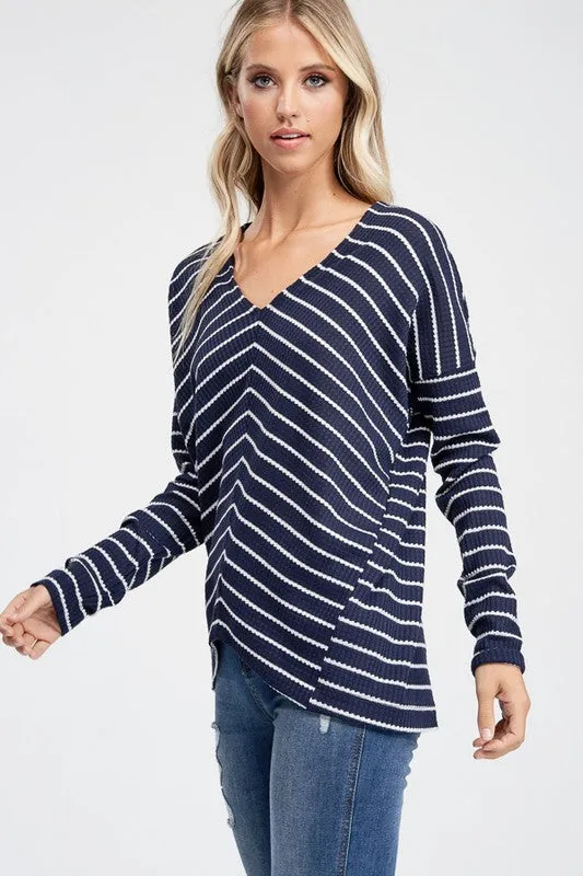 Long Sleeve Striped Asymmetrical Hem Knit Top