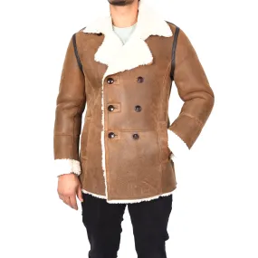 Men's Real Sheepskin Double Breasted WW1 WW2 Jacket Cognac Gunner