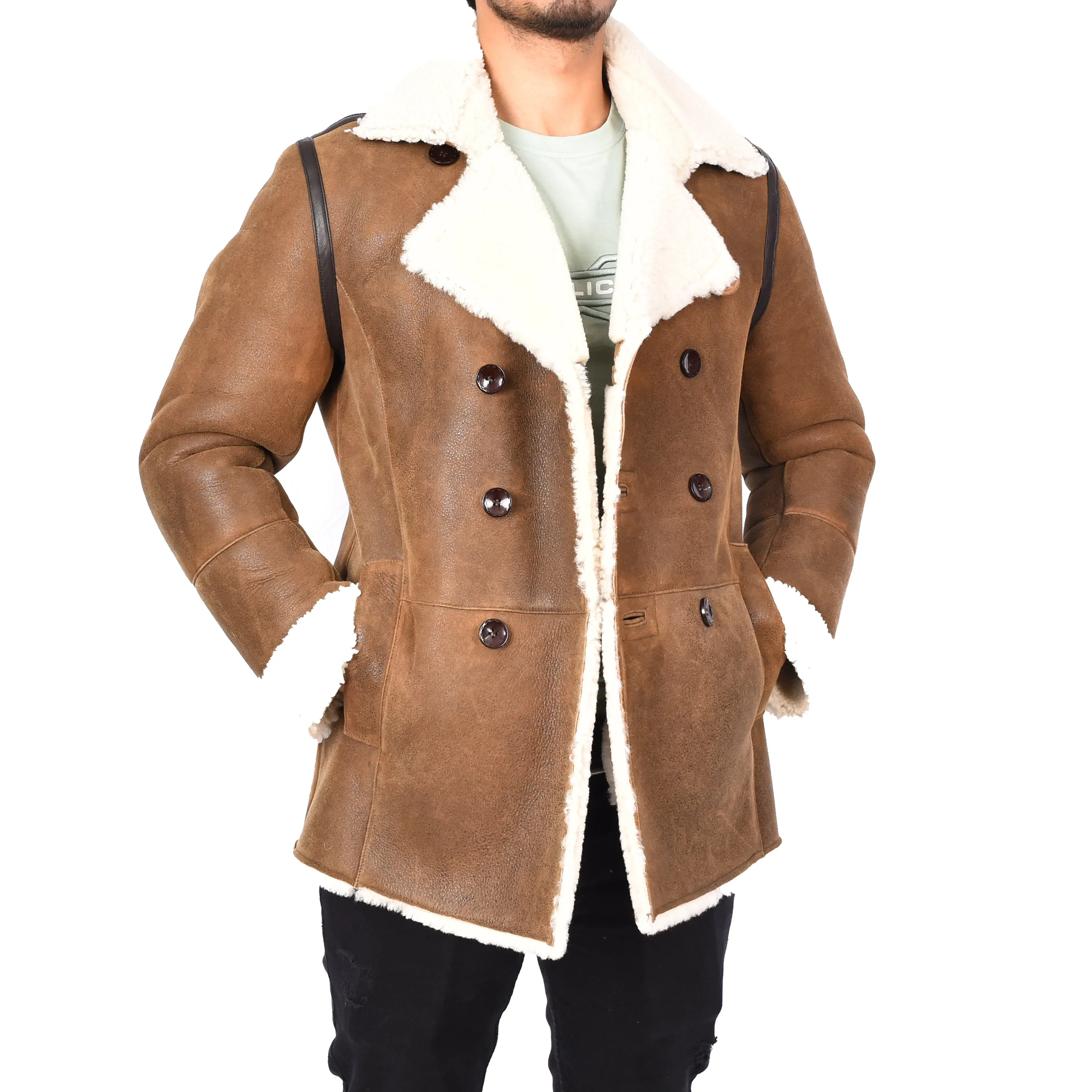 Men's Real Sheepskin Double Breasted WW1 WW2 Jacket Cognac Gunner