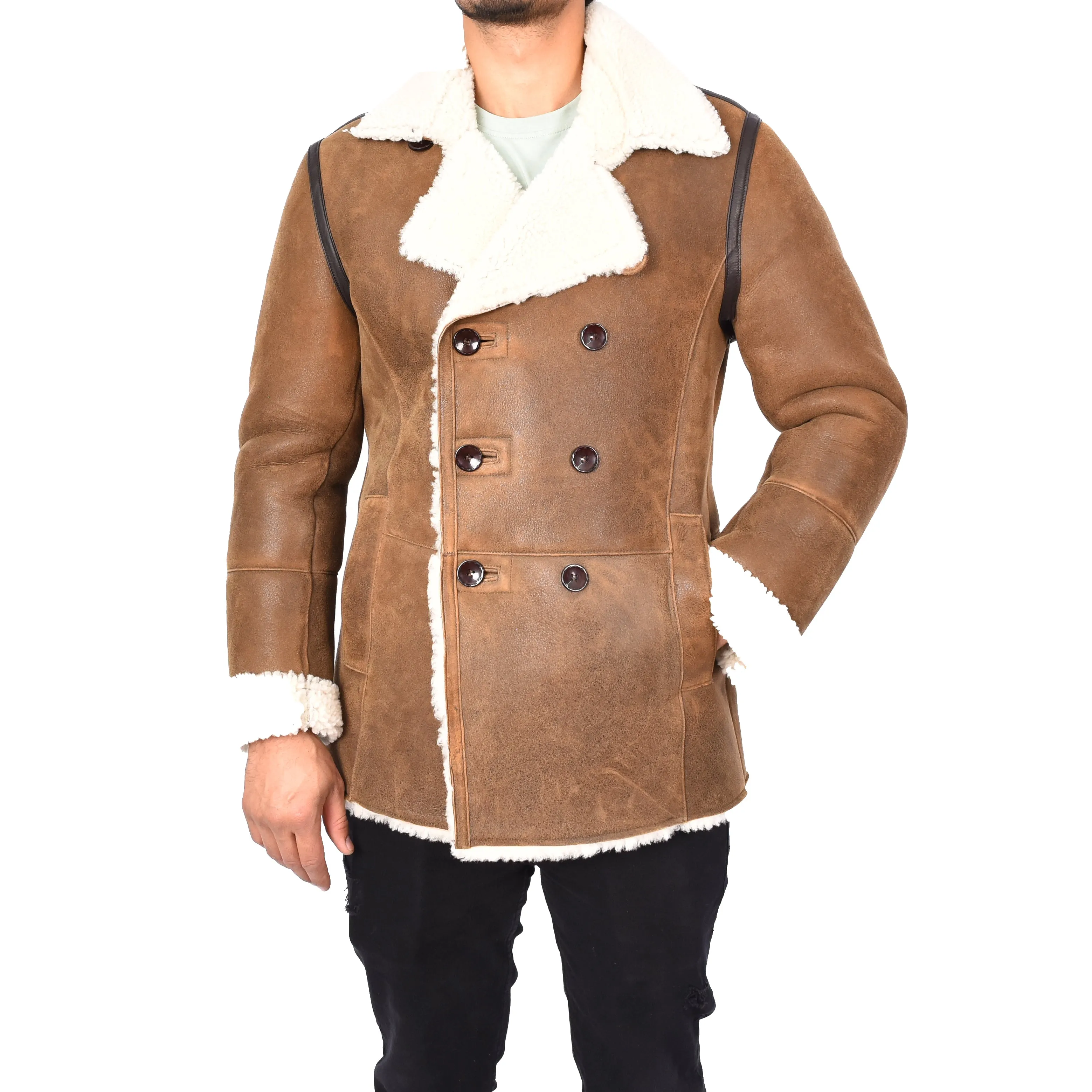 Men's Real Sheepskin Double Breasted WW1 WW2 Jacket Cognac Gunner