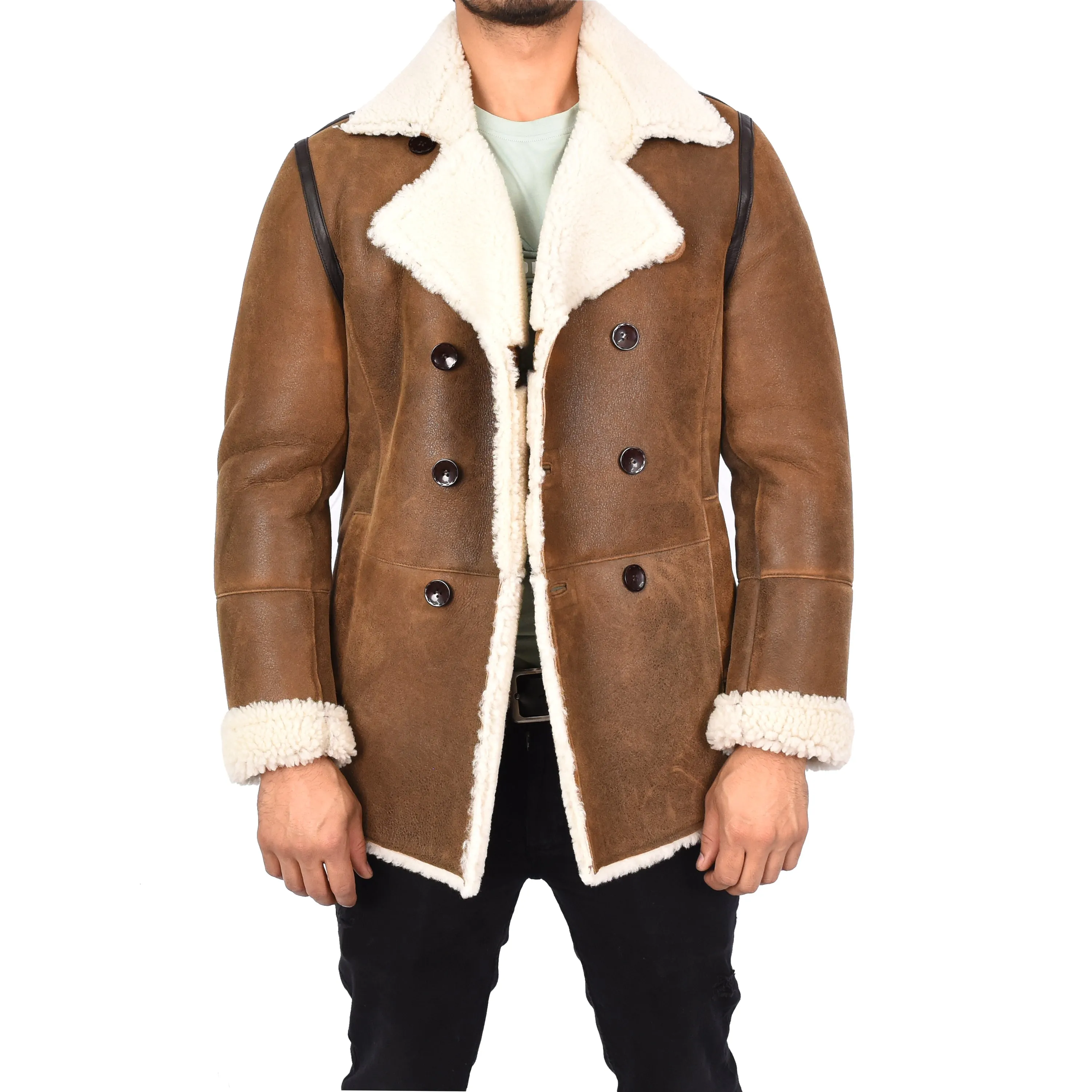 Men's Real Sheepskin Double Breasted WW1 WW2 Jacket Cognac Gunner