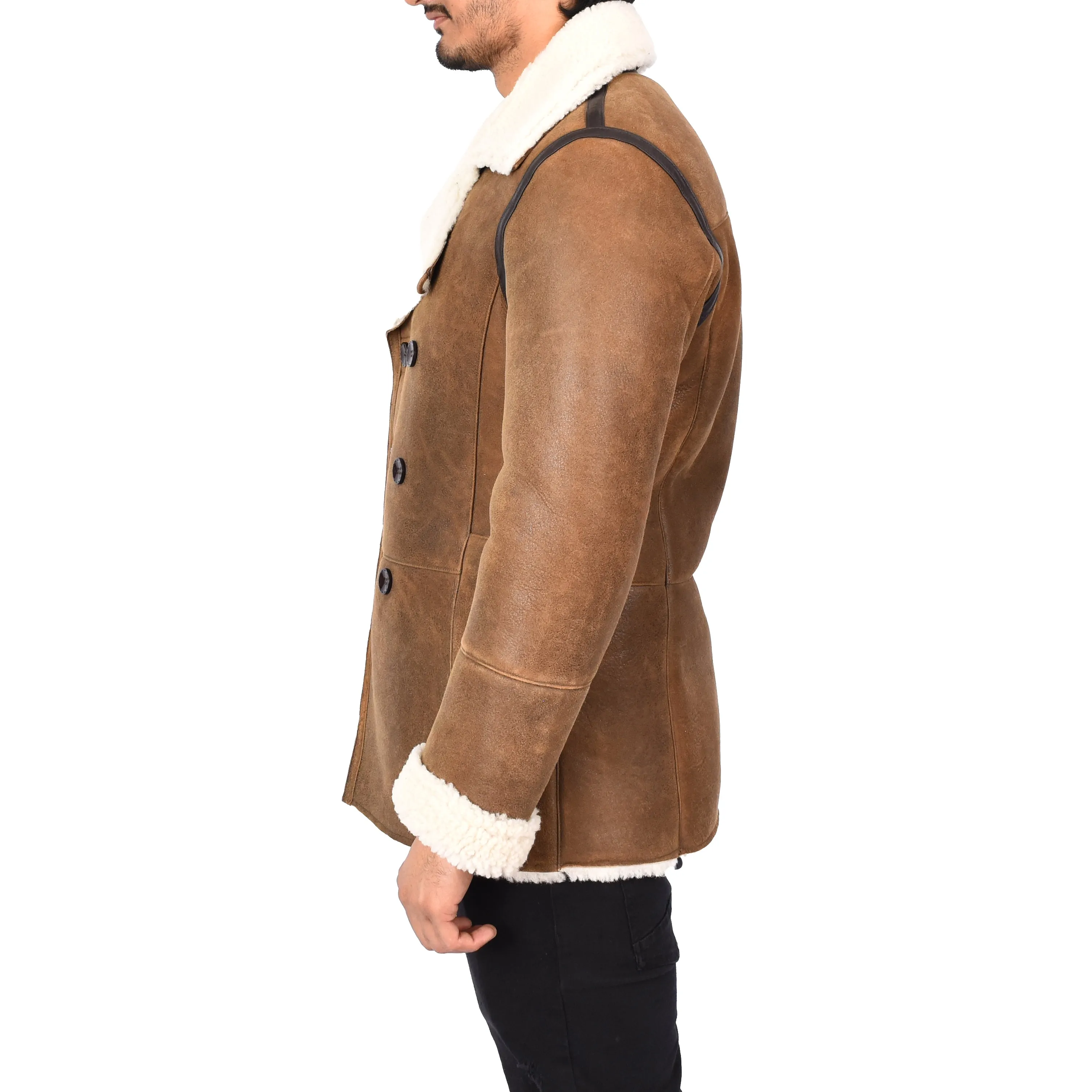 Men's Real Sheepskin Double Breasted WW1 WW2 Jacket Cognac Gunner
