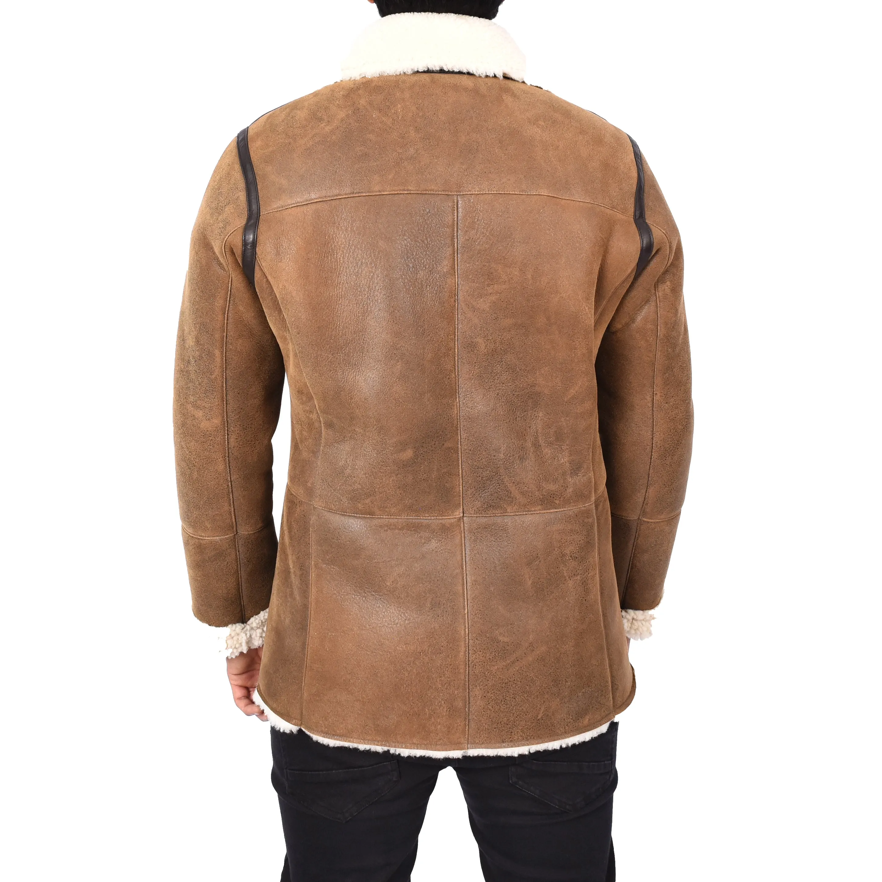 Men's Real Sheepskin Double Breasted WW1 WW2 Jacket Cognac Gunner