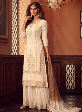 Off White Golden Embroidered Designer Palazzo Suit