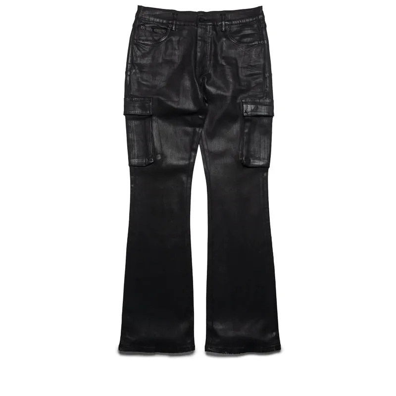 Purple Brand Low Rise Flared Leg Coated Cargo Flare Jean - Black
