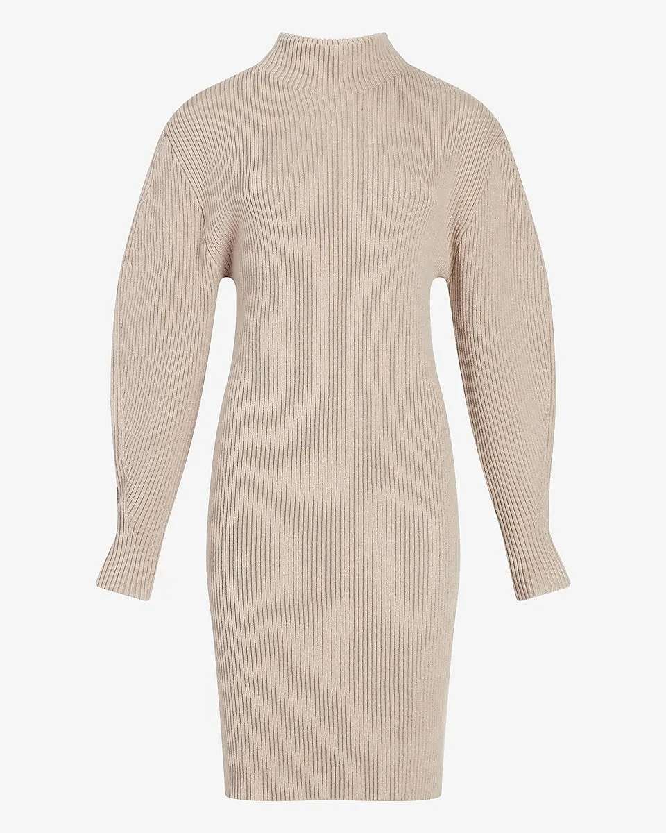 Ribbed Mock Neck Balloon Sleeve Sweater Dress in Beige