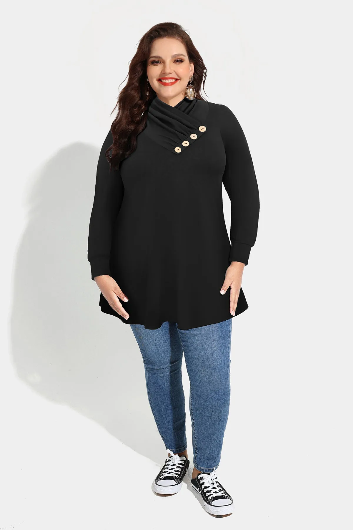 Solid Button Mock Neck Long Sleeve Tunic Shirt