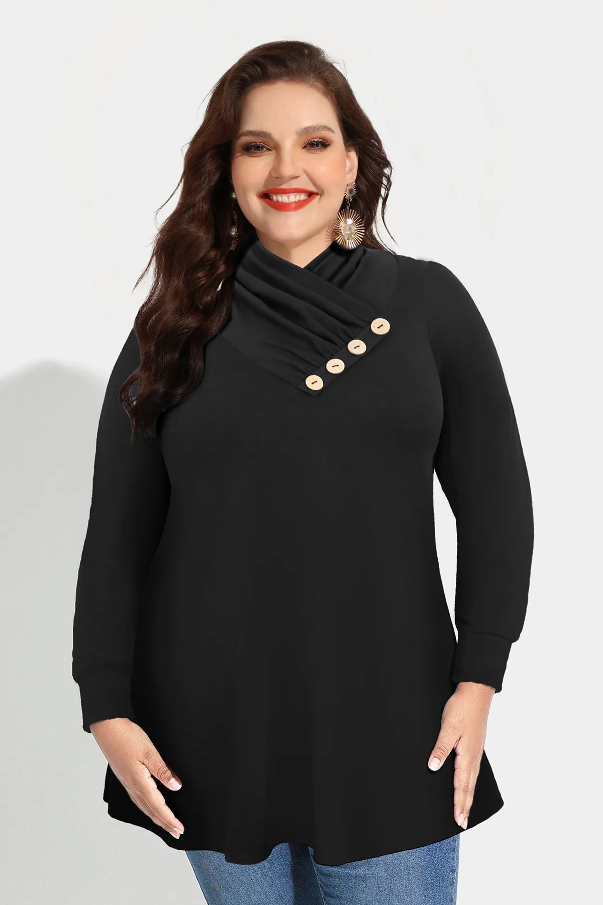 Solid Button Mock Neck Long Sleeve Tunic Shirt