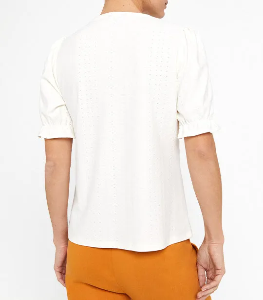Textured Jersey-knit Openwork Top Ivory