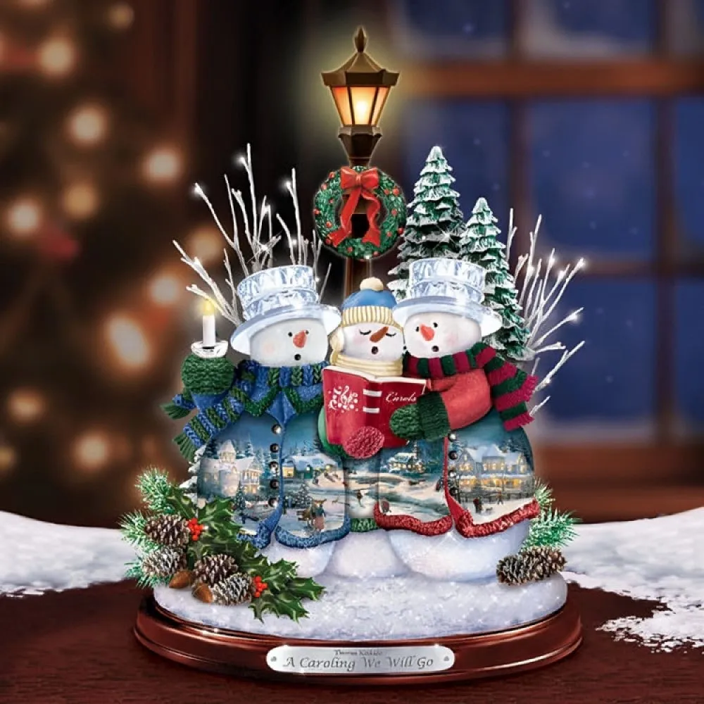 The Bradford Exchange "A Caroling We Will Go" Crystal Snowman Trio Illuminated Hand-crafted Sculpture Christmas Decoration with Holiday Artwork by Thomas Kinkade 10-inches