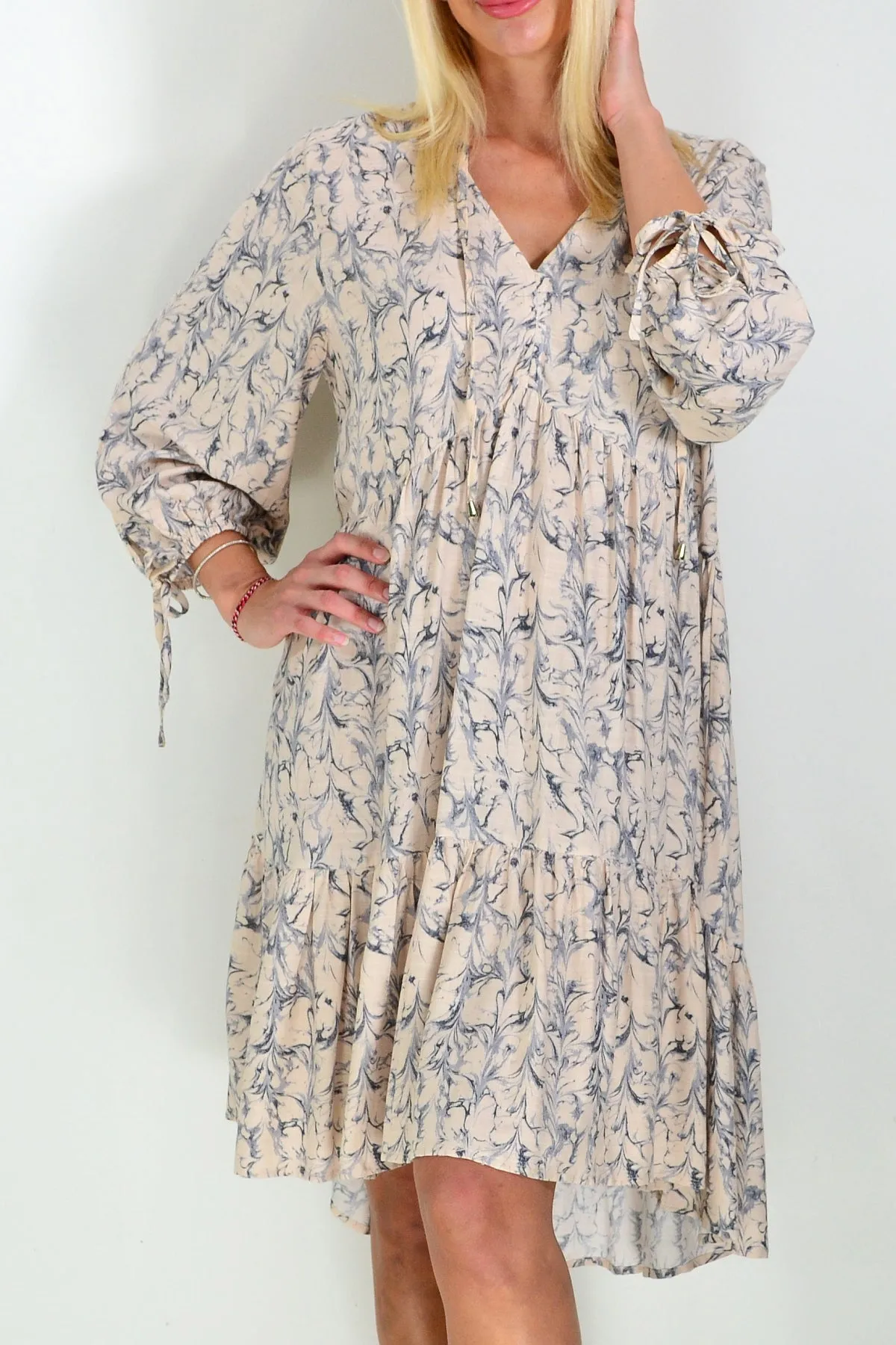 Tie Neck Beige Dress