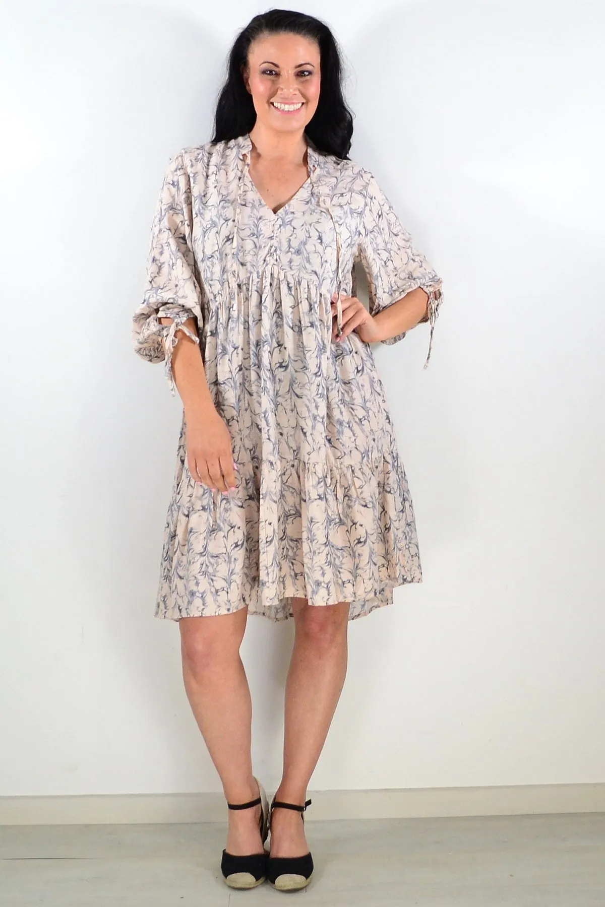 Tie Neck Beige Dress