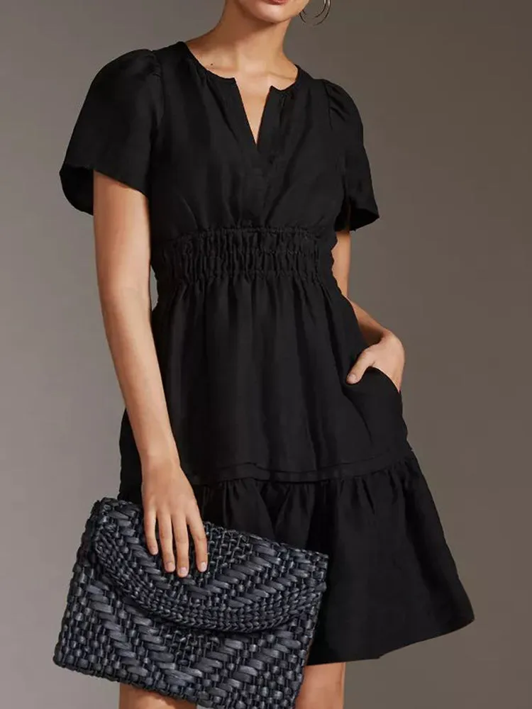 Women Summer Short Sleeve V Neck Casual Beach Mini A-Line Ruffle Flowy Dress